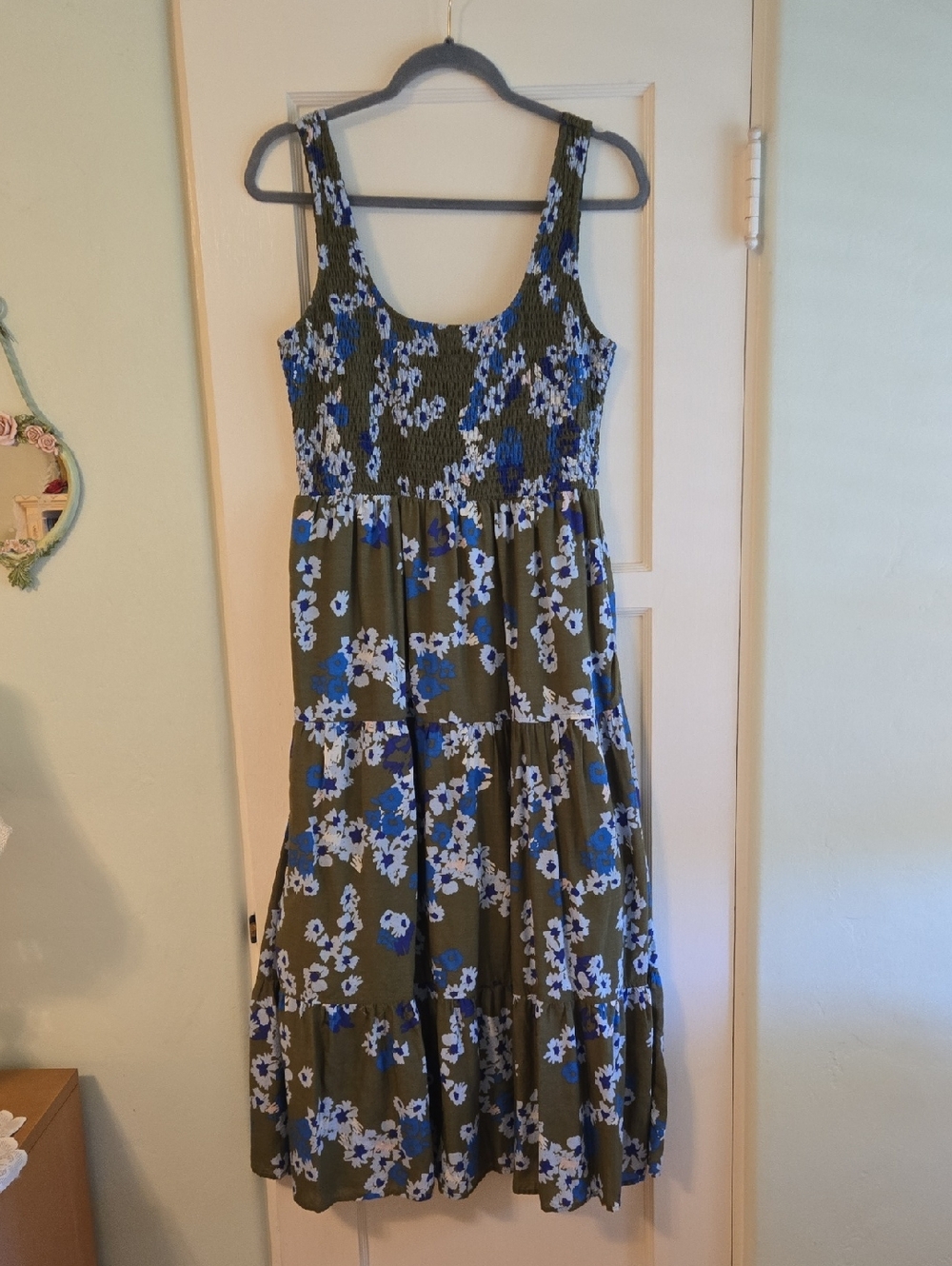 Olive Green Floral Tiered Midi Dress with Blue & White Flowers